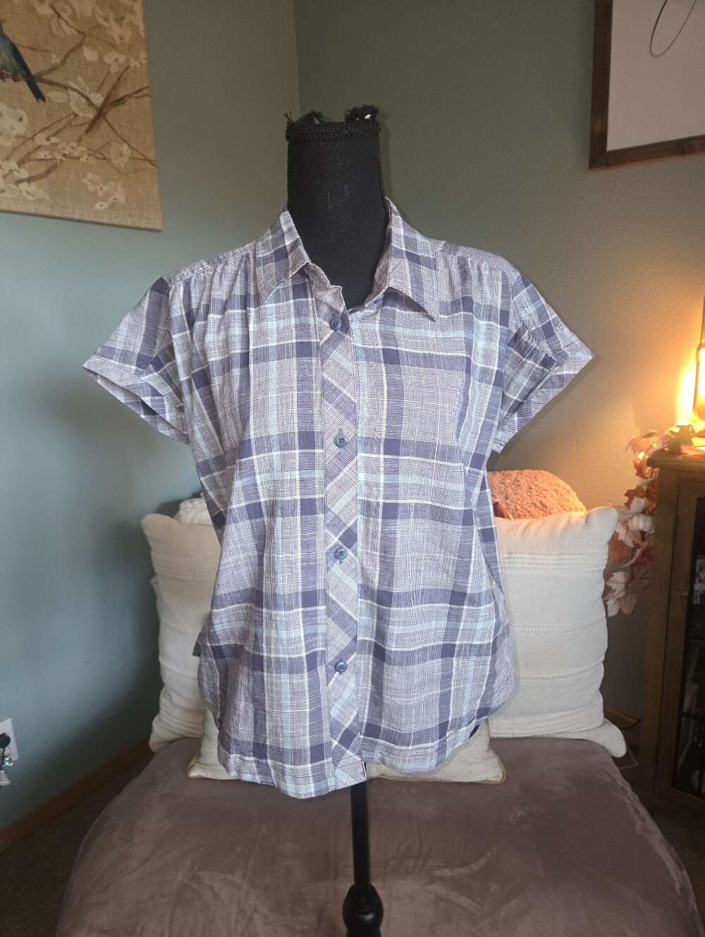 Columbia Women's Short-Sleeve Plaid Button-Down Shirt — Blue/White
